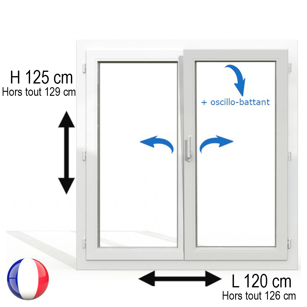 Fenêtre PVC 2 vantaux H 125 x L 120 cm OB avec poignée