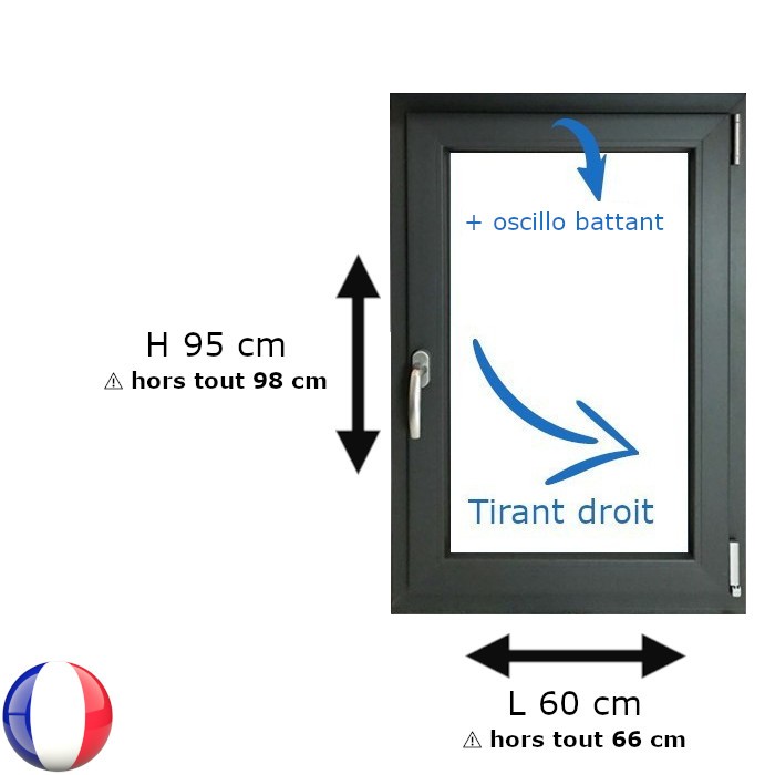Fenêtre PVC 1 vantail H 95 x L 60 cm OB anthracite avec poignée