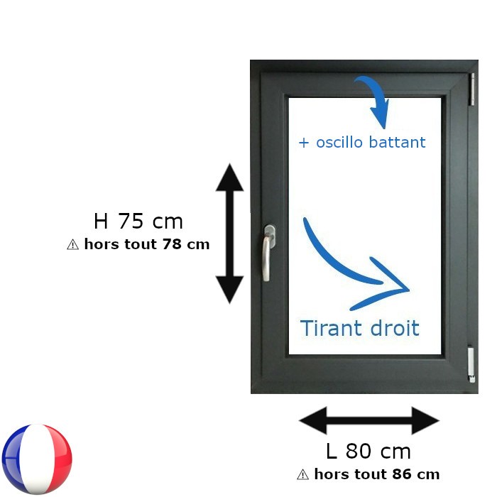 Fenêtre PVC 1 vantail H 75 x L 80 cm OB anthracite avec poignée