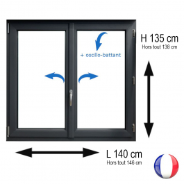 Fenêtre PVC 2 vantaux H 135 x L 140 cm OB anthracite avec poignée
