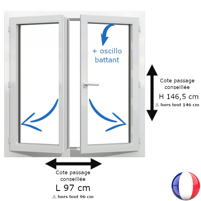 Fenêtre PVC 2 vantaux H 146 x L 96 cm hors tout OB pour pose en rénovation