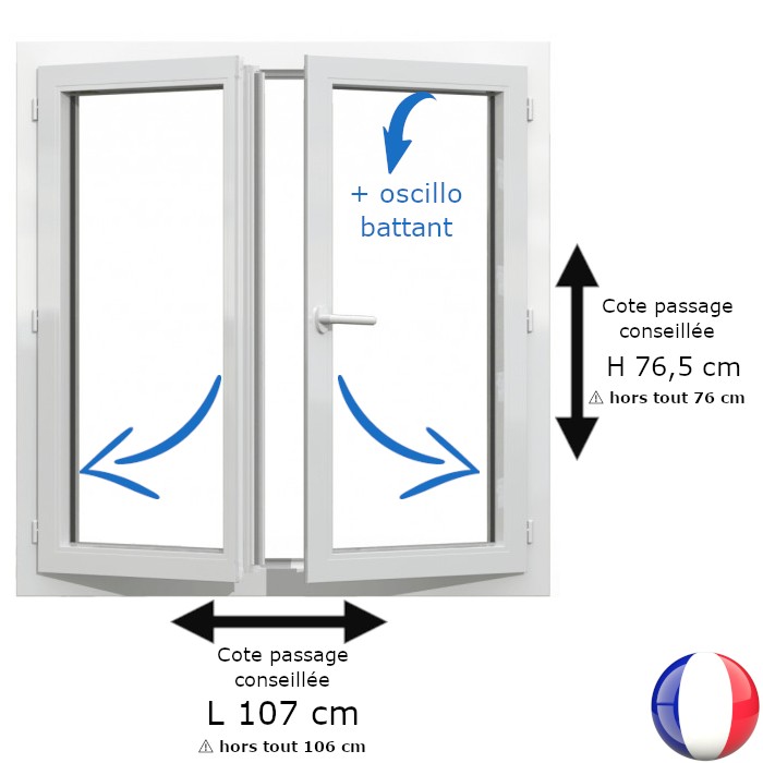 Fenêtre PVC 2 vantaux H 76 x L 106 cm hors tout OB pour pose en rénovation