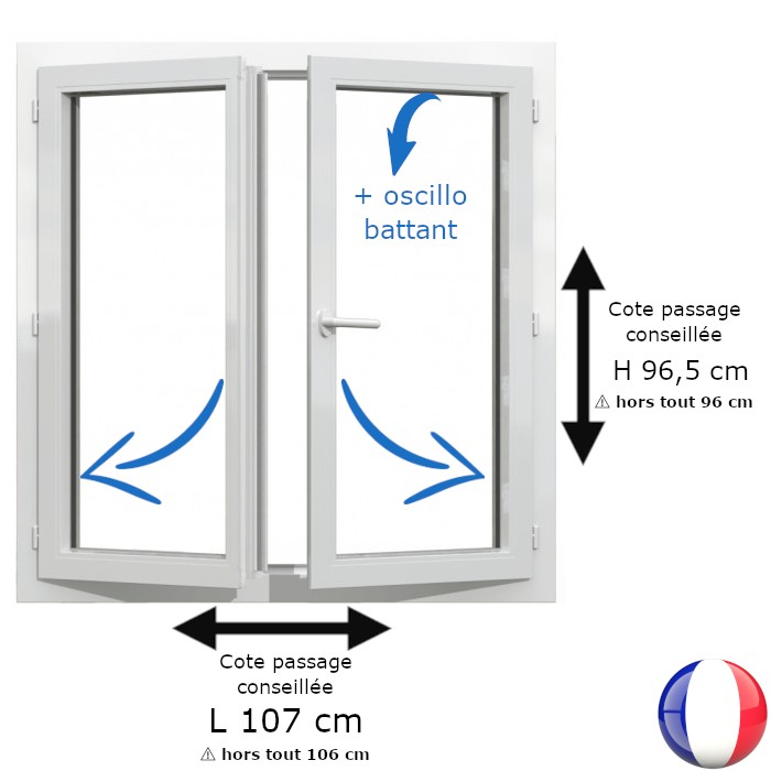 Fenêtre PVC 2 vantaux H 96 x L 106 cm hors tout OB pour pose en rénovation
