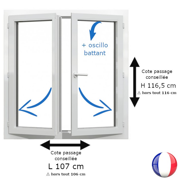 Fenêtre PVC 2 vantaux H 116 x L 106 cm hors tout OB pour pose en rénovation