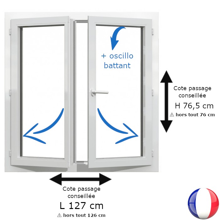 Fenêtre PVC 2 vantaux H 76 x L 126 cm hors tout OB pour pose en rénovation