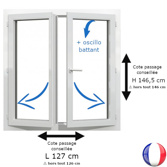 Fenêtre PVC 2 vantaux H 146 x L 126 cm hors tout OB pour pose en rénovation