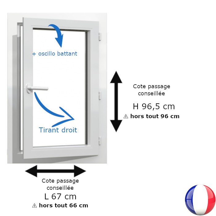 Fenêtre PVC 1 vantail H 96 x L 66 cm hors tout OB pour pose rénovation