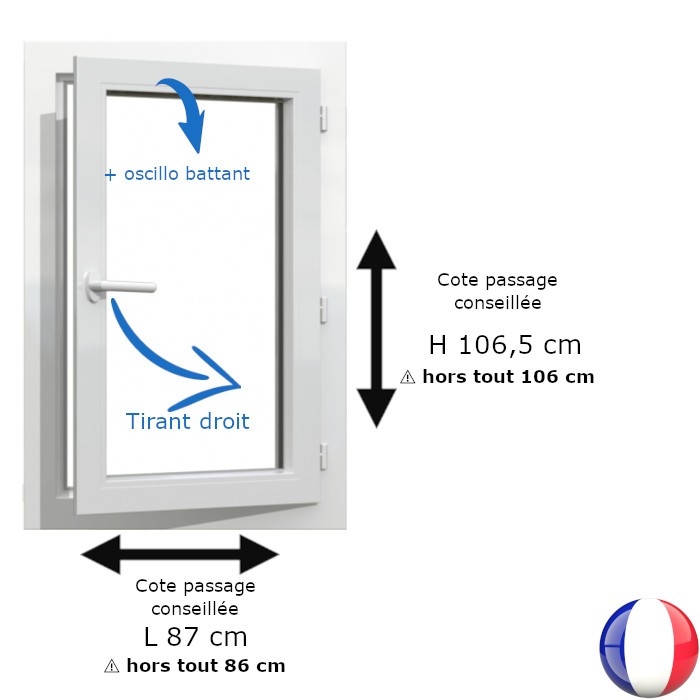 Fenêtre PVC 1 vantail H 106 x L 86 cm hors tout OB pour pose en rénovation