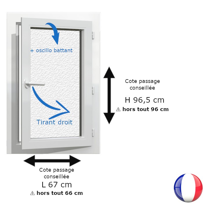 Fenêtre PVC 1 vantail H 96 x L 66 cm hors tout OB verre brouillé pour pose en rénovation