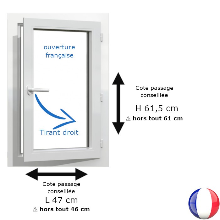 Fenêtre PVC 1 vantail H 61 x L 46 cm hors tout OF pour pose en rénovation