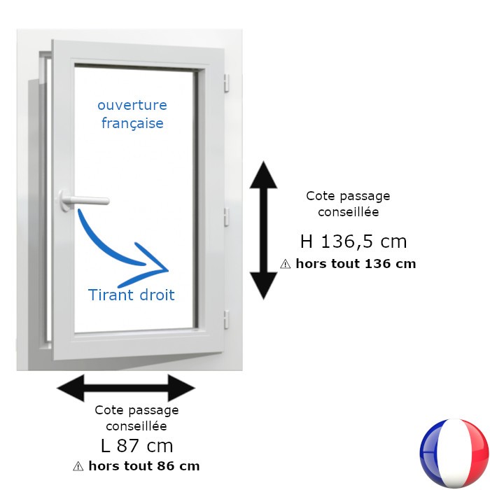 Fenêtre PVC 1 vantail H 136 x L 86 cm hors tout OF pour pose en rénovation